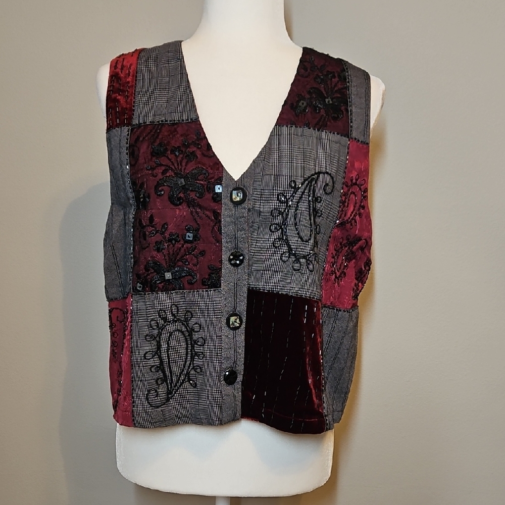 Elegant Patchwork Sleeveless Vest - Burgundy and Gray